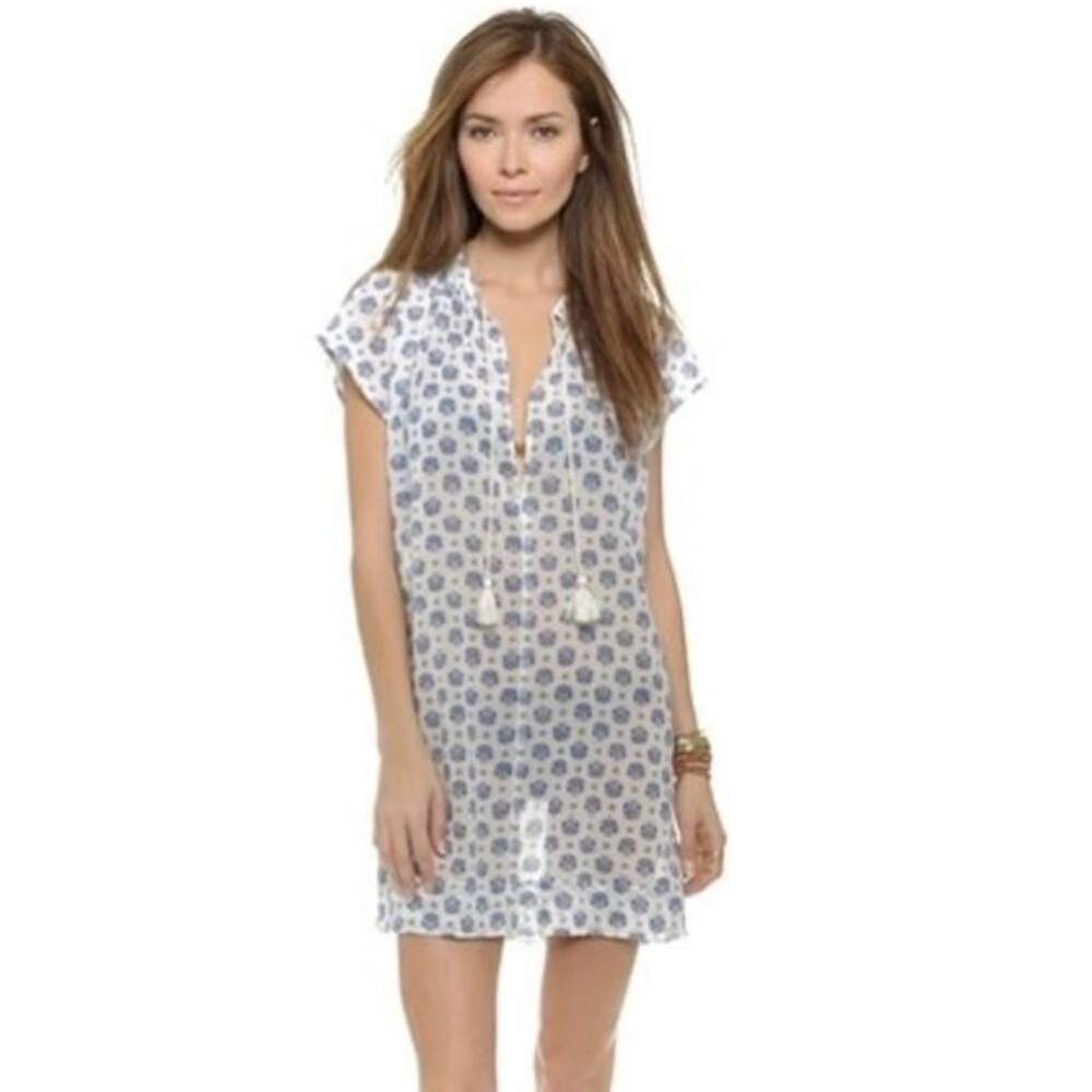 Madewell White Blue Printed 100% Cotton Tassel Tunic Swim Cover Up Dress